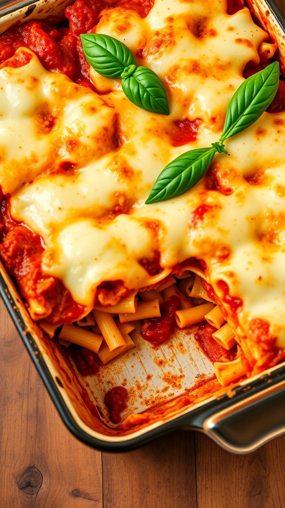 A baked ziti casserole with layers of pasta, marinara sauce, ricotta, and melted mozzarella, garnished with basil.